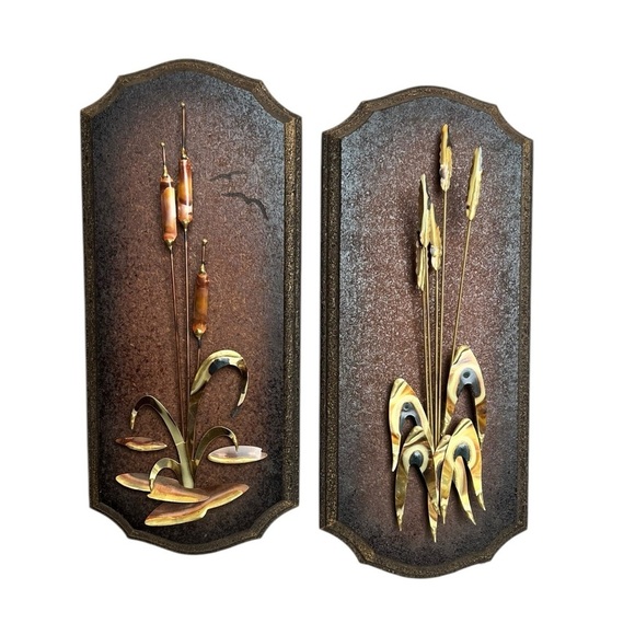 Vintage Other - Vintage MCM Cattail Copper Brass Wooden Wall Plaques Decor Retro